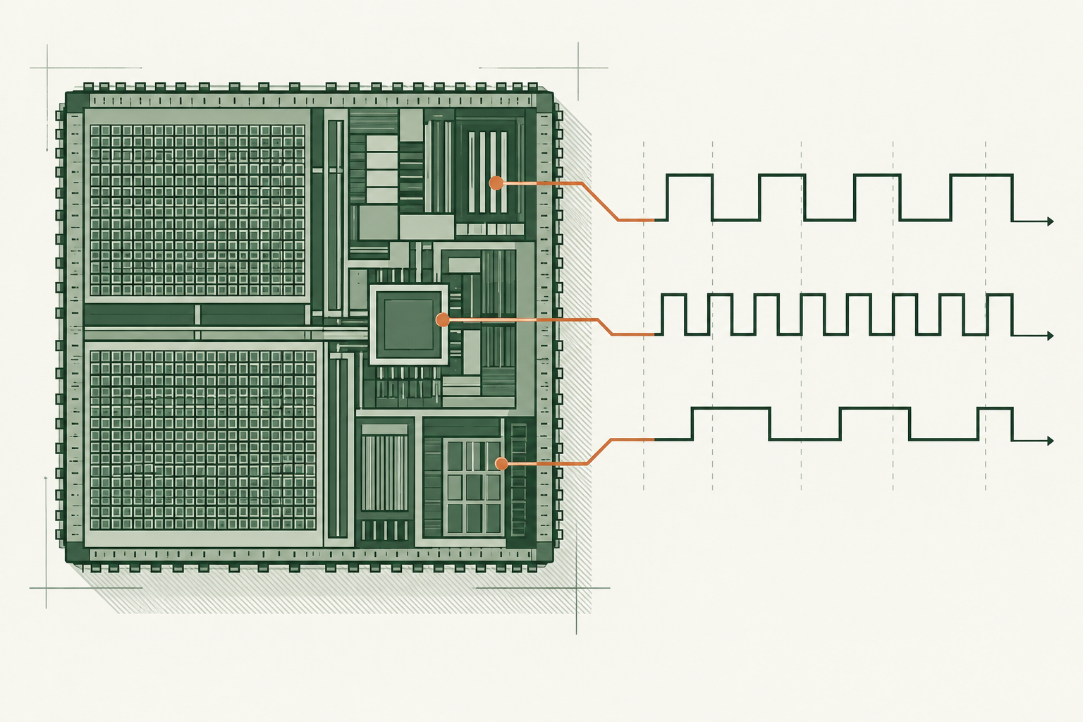 Illustrated semiconductor layout linked to digital timing traces